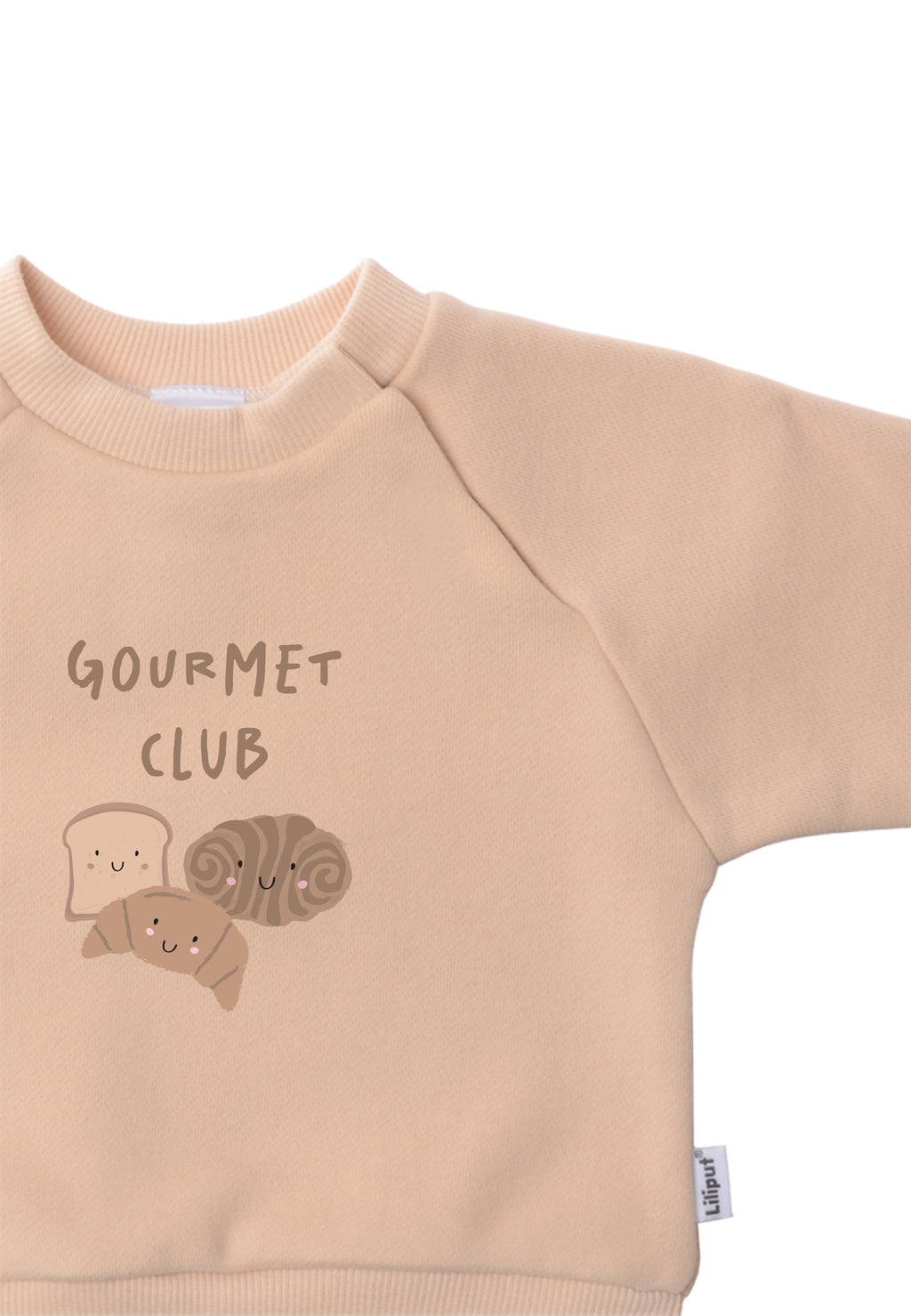 Sweatshirt in beige mit Print "Gourmet Club" auf der Vorderseite.