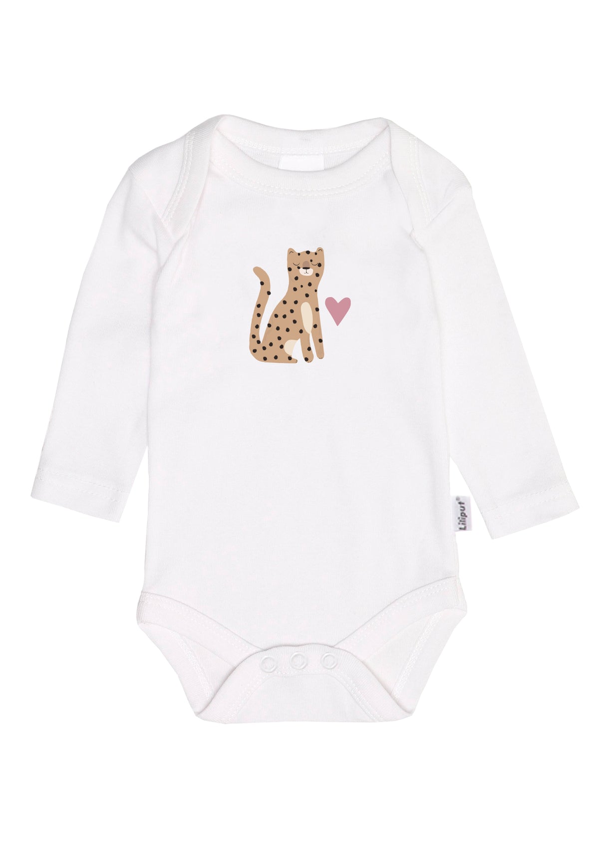 Weißer Langarmbody mit Leoparden Aufdruck.