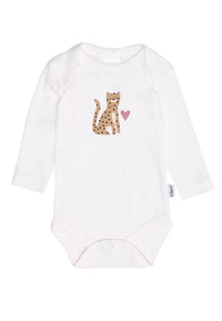 Weißer Langarmbody mit Leoparden Aufdruck.