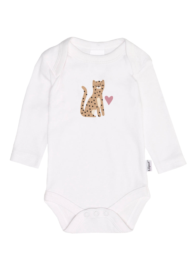 Weißer Langarmbody mit Leoparden Aufdruck.