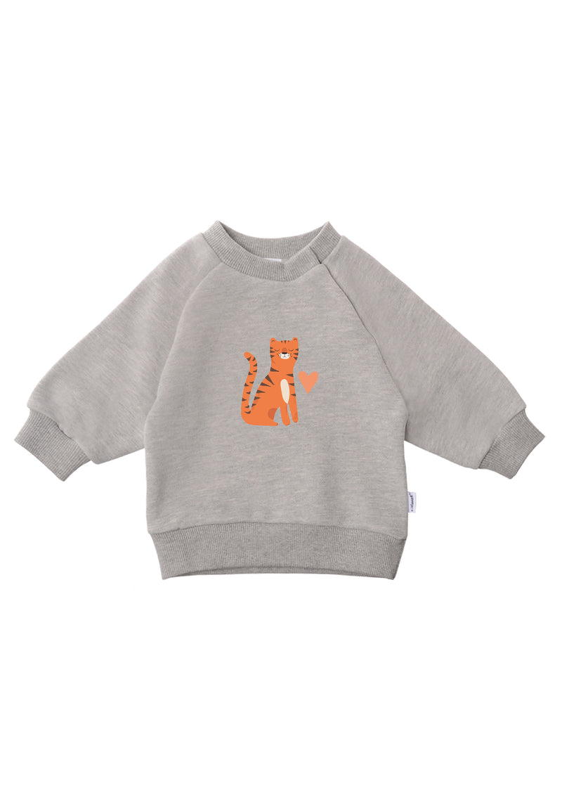 Vorderseite des grauen Sweatshirts mit orangenem Tigerprint auf der Vorderseite.