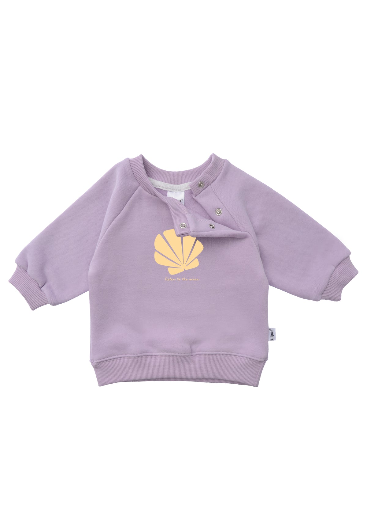 Frontansicht des flieder Sweatshirts mit versteckten Druckknöpfen für die kleinen Größen 62/68-86-92.