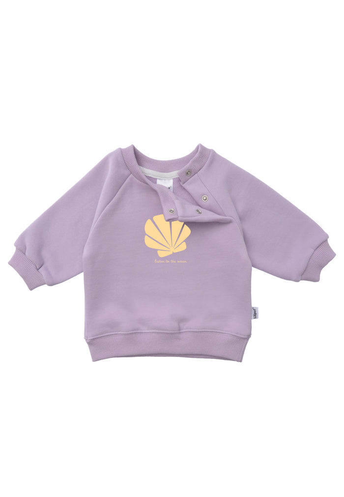 Frontansicht des flieder Sweatshirts mit versteckten Druckknöpfen für die kleinen Größen 62/68-86-92.