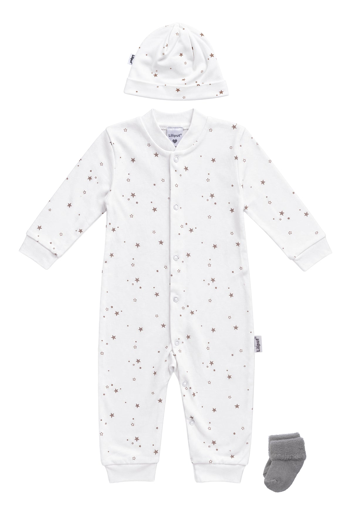 3-teiliges Baby-Set mit Overall, Mütze & Söckchen – Sterne in Weiß/Grau