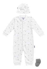 3-teiliges Baby-Set mit Overall, Mütze & Söckchen – Sterne in Weiß/Grau