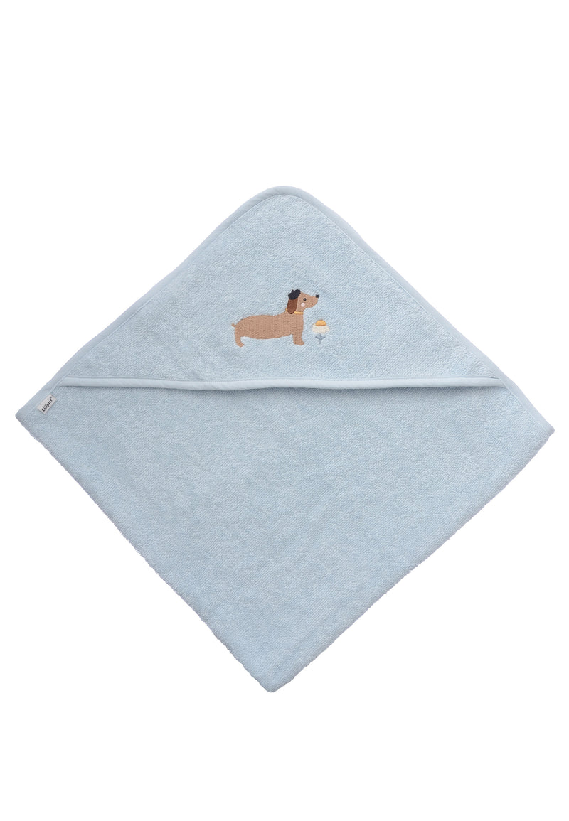 Kuschelweiches Kapuzenbadetuch in hellblau mi Dackel Stickerei.