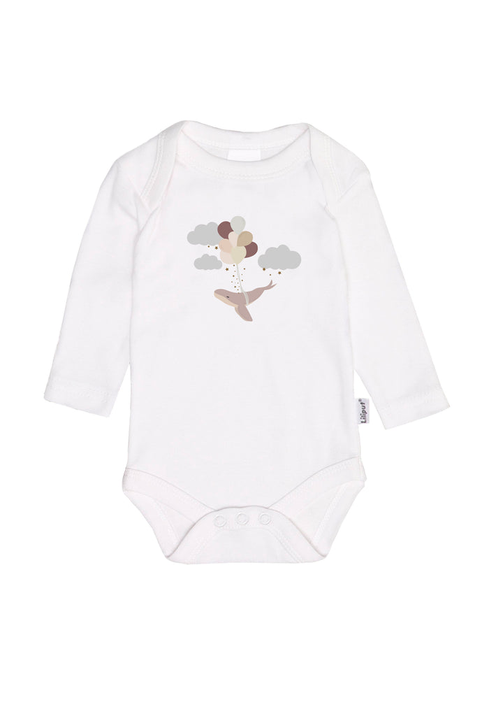 Amineckbody in weiß mit langem Arm und niedlichem Walprint in zarten Pastelltönen.