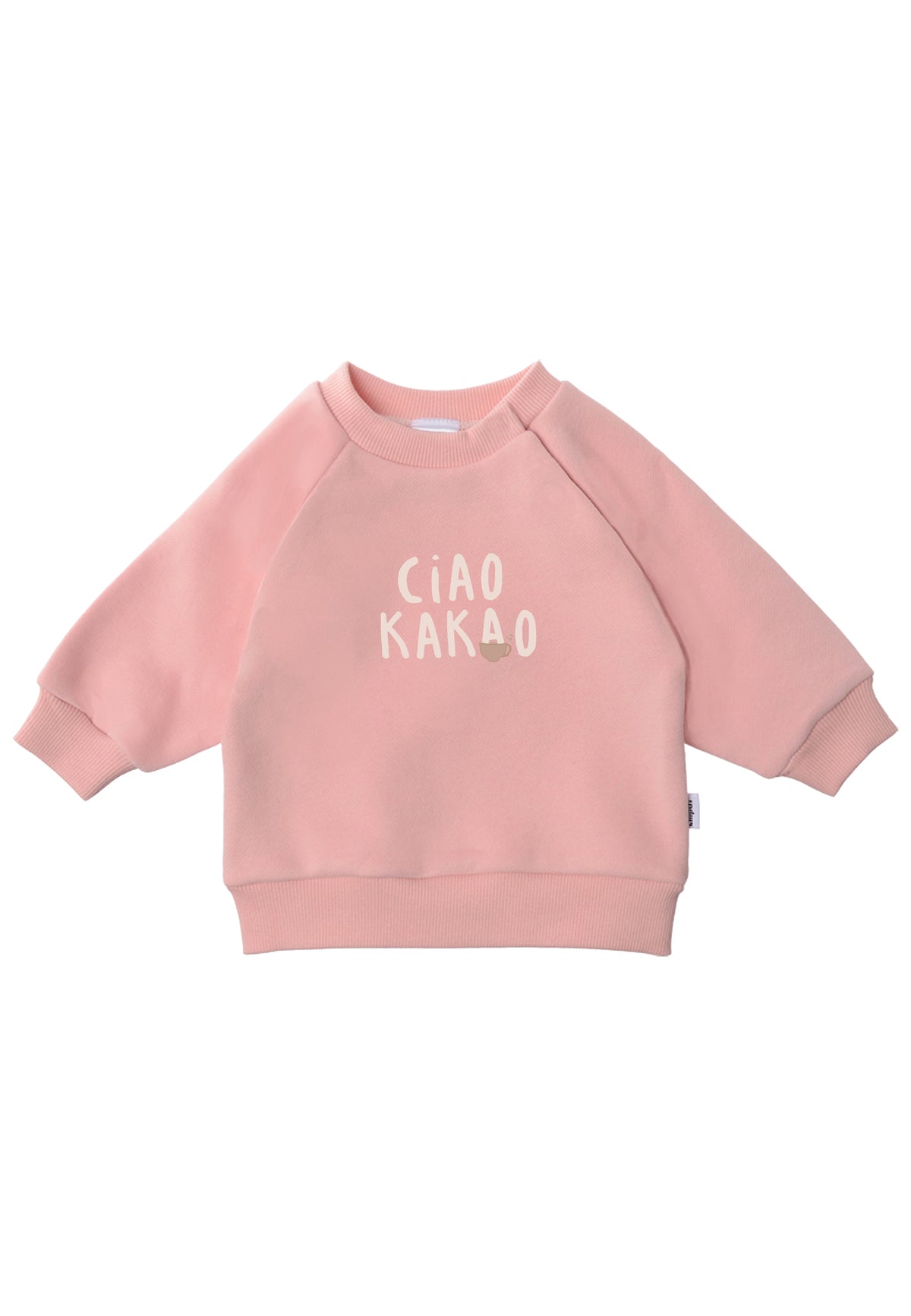 Rosa Sweater mit versteckter Druckknopfleiste und hellbeigem Spruch Ciao Kakao in der Mitte des Sweaters.