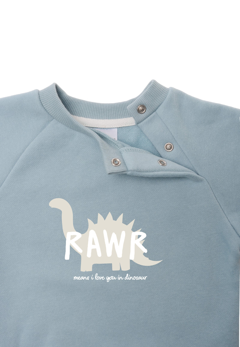 Weitere Detailansicht des hellblauen Sweatshirts mit weichem Halsausschnitt.