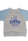 Detailansicht des Multicolor Sweaters in grau und hellblau mit dem coolen Cacao Frontprint.
