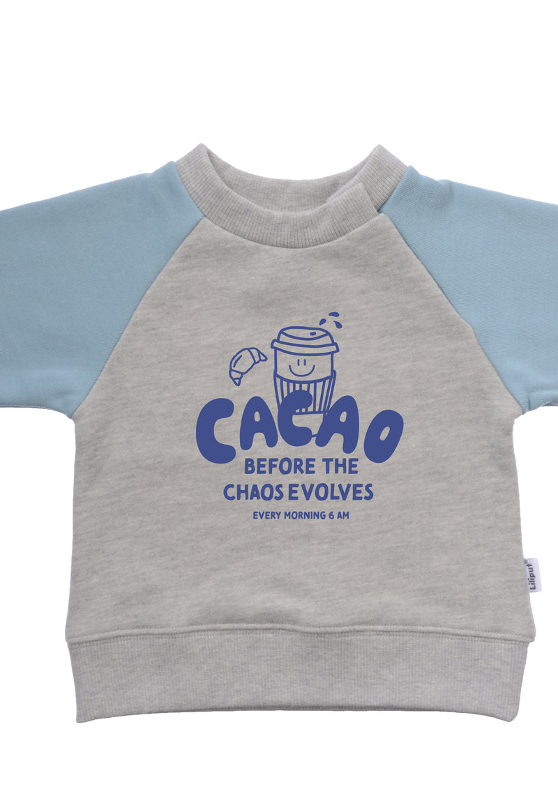Detailansicht des Multicolor Sweaters in grau und hellblau mit dem coolen Cacao Frontprint.