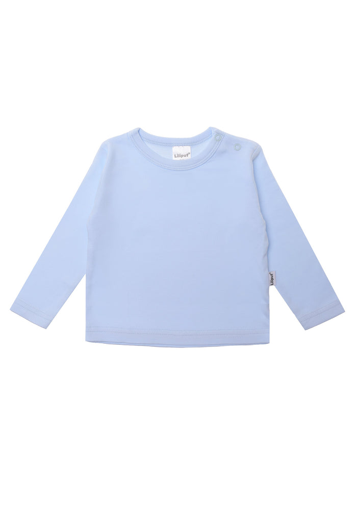 Langarmshirt in hellblau mit 2 Druckknöpfen auf der Schulter.