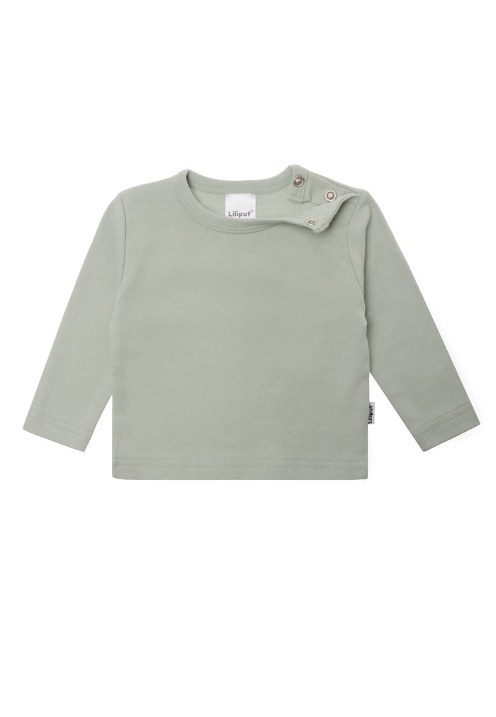 Langarmshirt in schilf mit praktischen Druckknöpfen am Halsausschnitt.