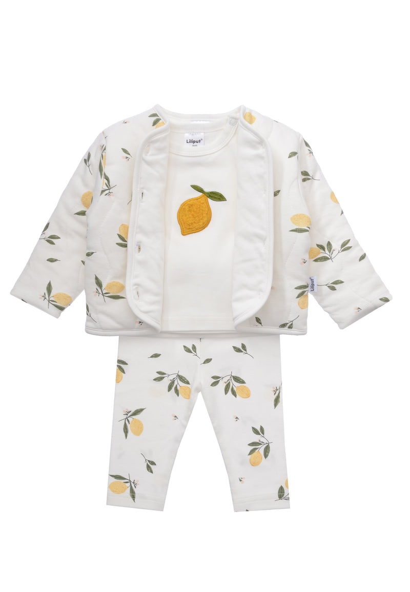 3-teiliges Kinderset Little Lemon – Jacke, Shirt & Leggings mit Zitronenprint