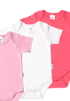 Detailansicht 3er-Pack Kurzarm-Amineckbodys aus Bio-Baumwolle in weiß, rosa, himbeere