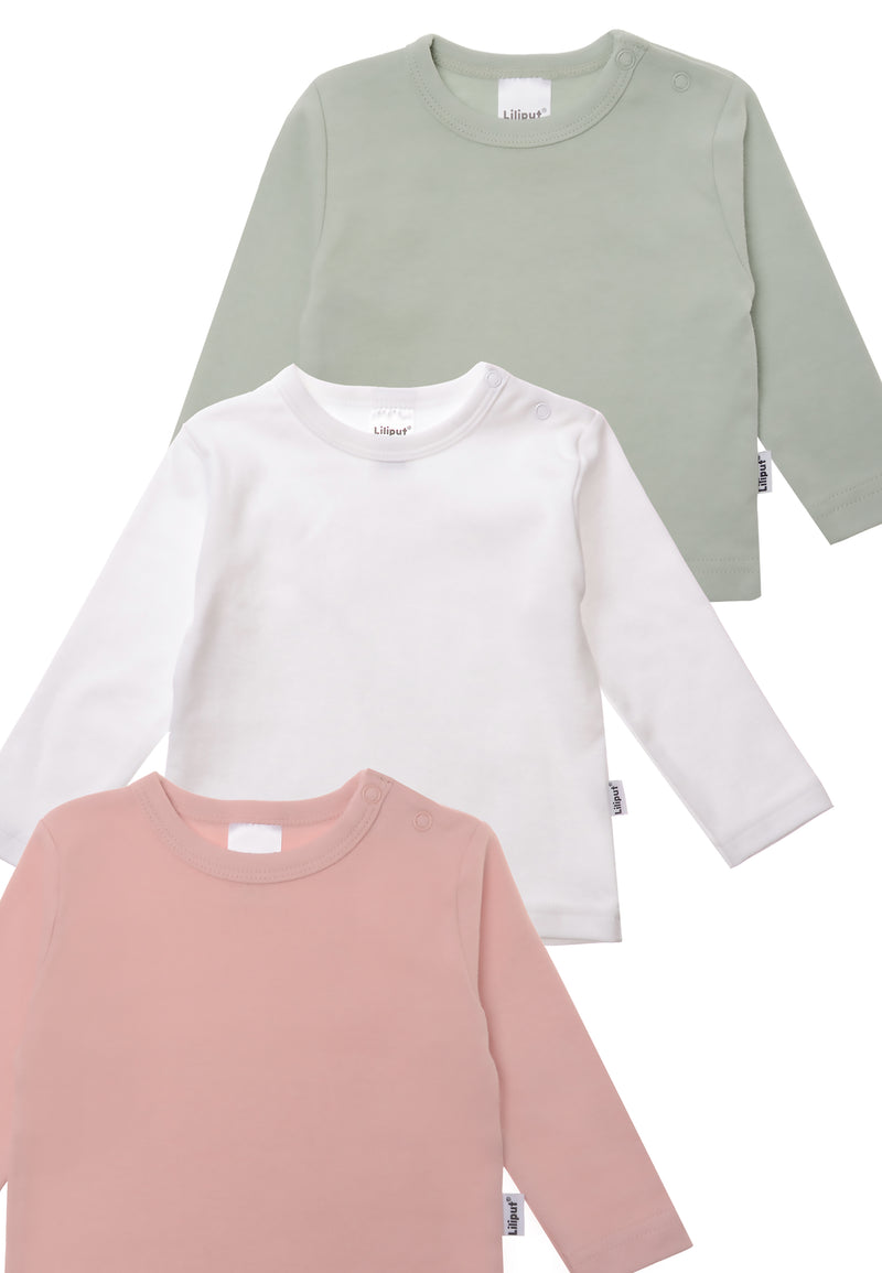 Detailansicht des praktischen 3er Packs Langarmshirts in rosè, weiß und schilf.