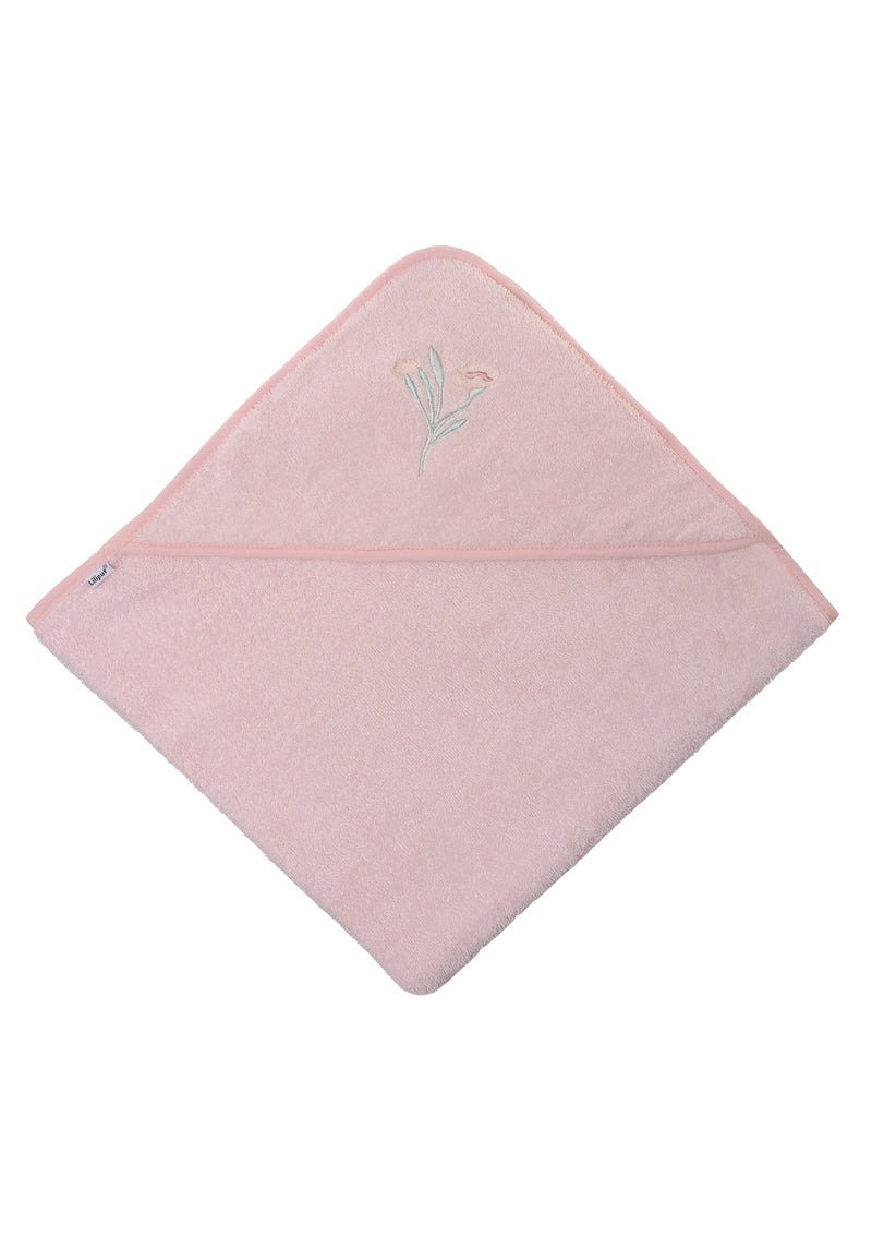 Kapuzenbadetuch rosa mit Blümchen Stickerei auf der Kapuze 