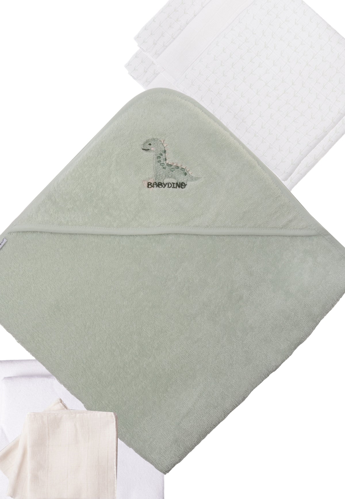 9tlg. Erstausstattungspaket für Babys von Liliput kampuzenbadetuch in grün mit Dinosaurier Stickerei auf Kapuze, drei Mullwaschlappen in weiß, zwei Moltontüchern in weiß und zwei Mullwindeln mit Blättern Aufdruck und einer in weiß