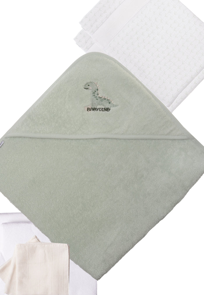 9tlg. Erstausstattungspaket für Babys von Liliput kampuzenbadetuch in grün mit Dinosaurier Stickerei auf Kapuze, drei Mullwaschlappen in weiß, zwei Moltontüchern in weiß und zwei Mullwindeln mit Blättern Aufdruck und einer in weiß
