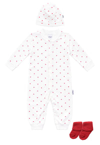 3-teiliges Babyset mit Herzchenprint in Weiß & Rot