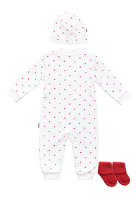 3-teiliges Babyset mit Herzchenprint in Weiß & Rot