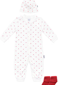 3-teiliges Babyset mit Herzchenprint in Weiß & Rot
