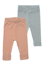 vorderseite von den Babyleggings in ecru-schilf und orange-beige geringelt