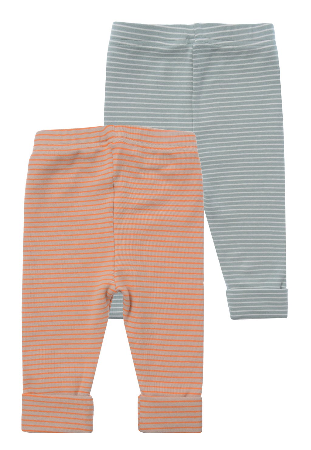 vorderseite von den Babyleggings in ecru-schilf und orange-beige geringelt