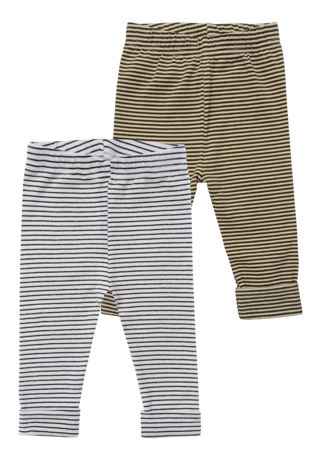 vorderseite von den Babyleggings in ecru-schwarz und oliv-beige geringelt