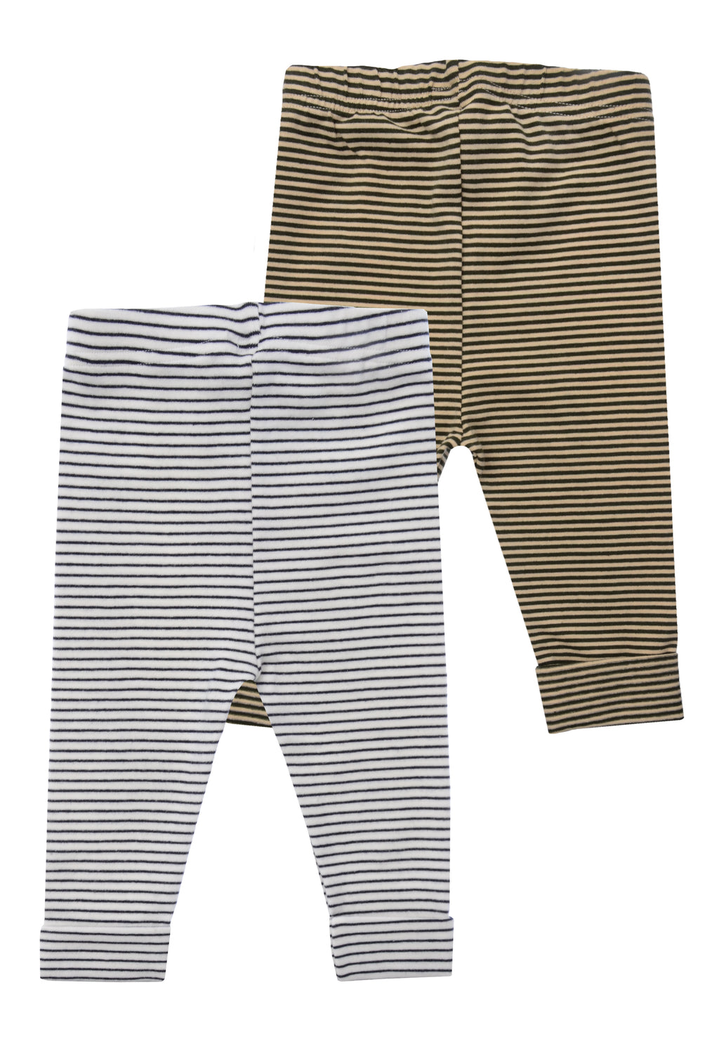 vorderseite von den Babyleggings in ecru-schwarz und oliv-beige geringelt