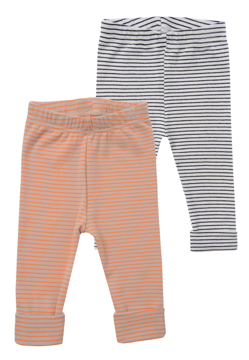 vorderseite von den Babyleggings in ecru-schwarz und orange-beige geringelt