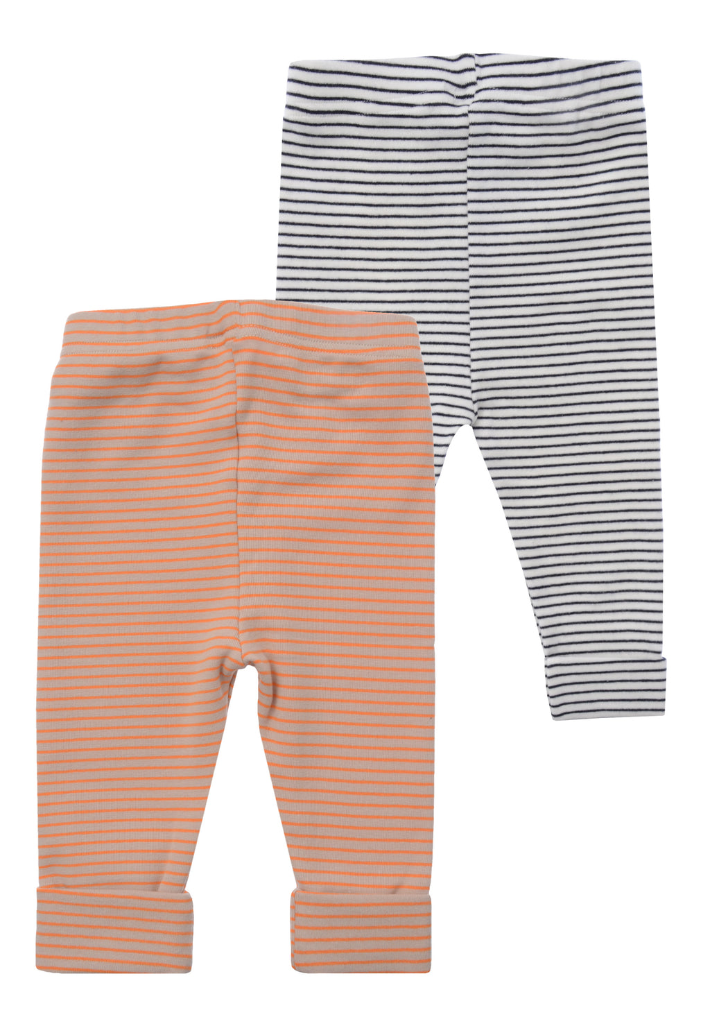 vorderseite von den Babyleggings in ecru-schwarz und orange-beige geringelt