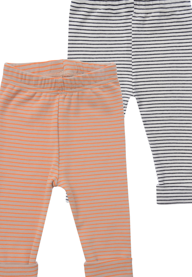 nahaufnahme von den Babyleggings in ecru-schwarz und orange-beige 