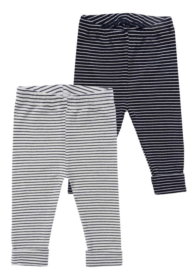 Doppelpack Rippenleggings in marine-weiß gestreift und ecru-schwarz gestreift. Sanfte Ringel und ein cozy Look.