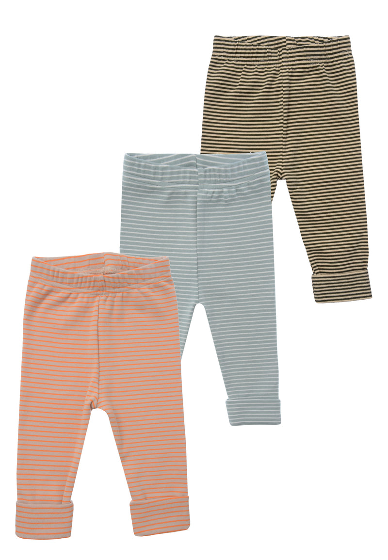 vorderseite von den Babyleggings in schilf/beige-orange/oliv geringelt