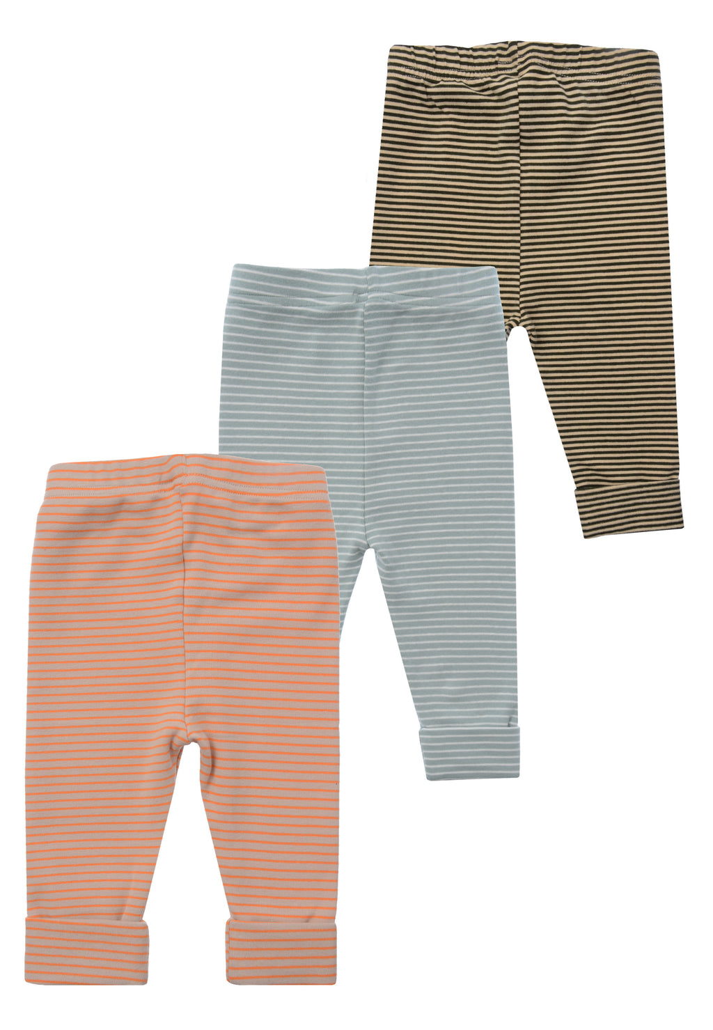 vorderseite von den Babyleggings in schilf/beige-orange/oliv geringelt