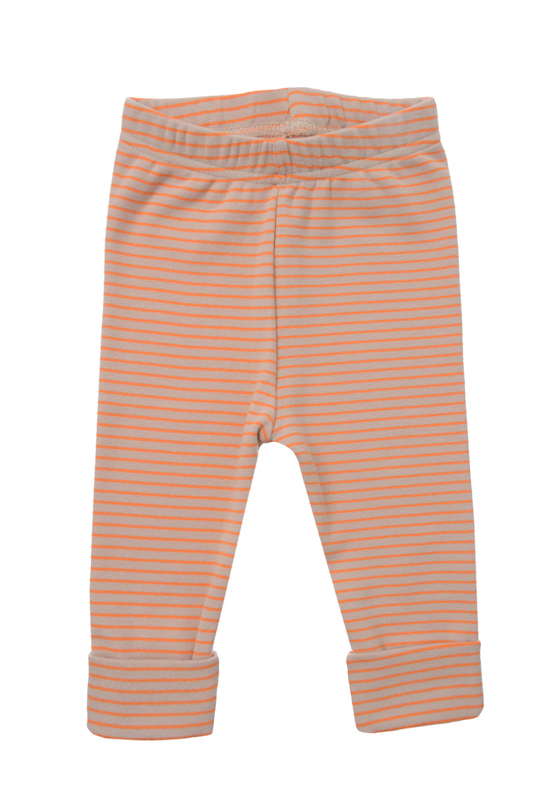 vorderseite von der Babyleggings in beige/orange geringelt