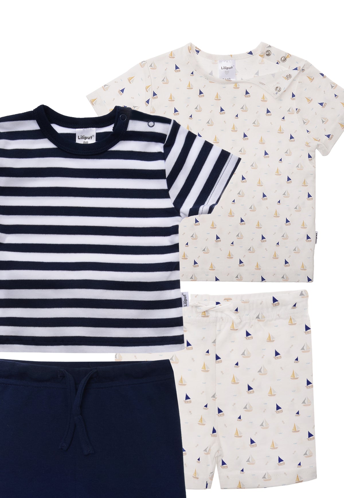 Doppelpack Sommer Set mit T-Shirts und Shorts marine und AOP Boot