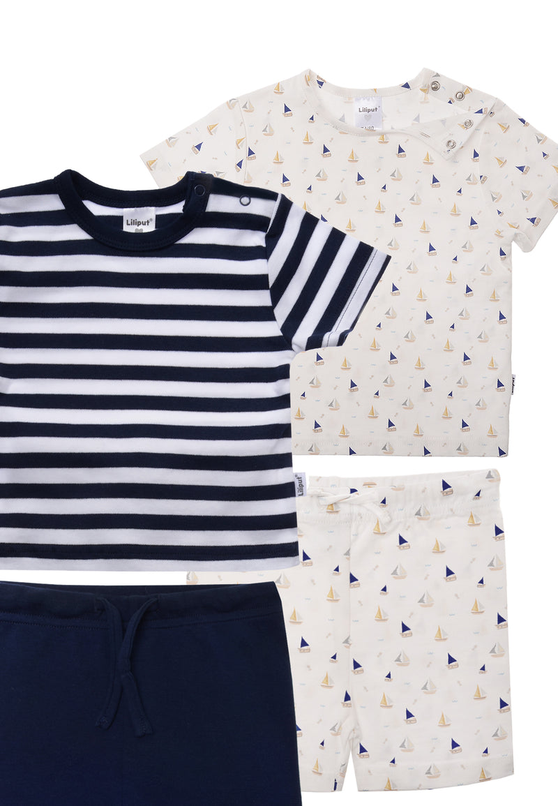 Doppelpack Sommer Set mit T-Shirts und Shorts marine und AOP Boot