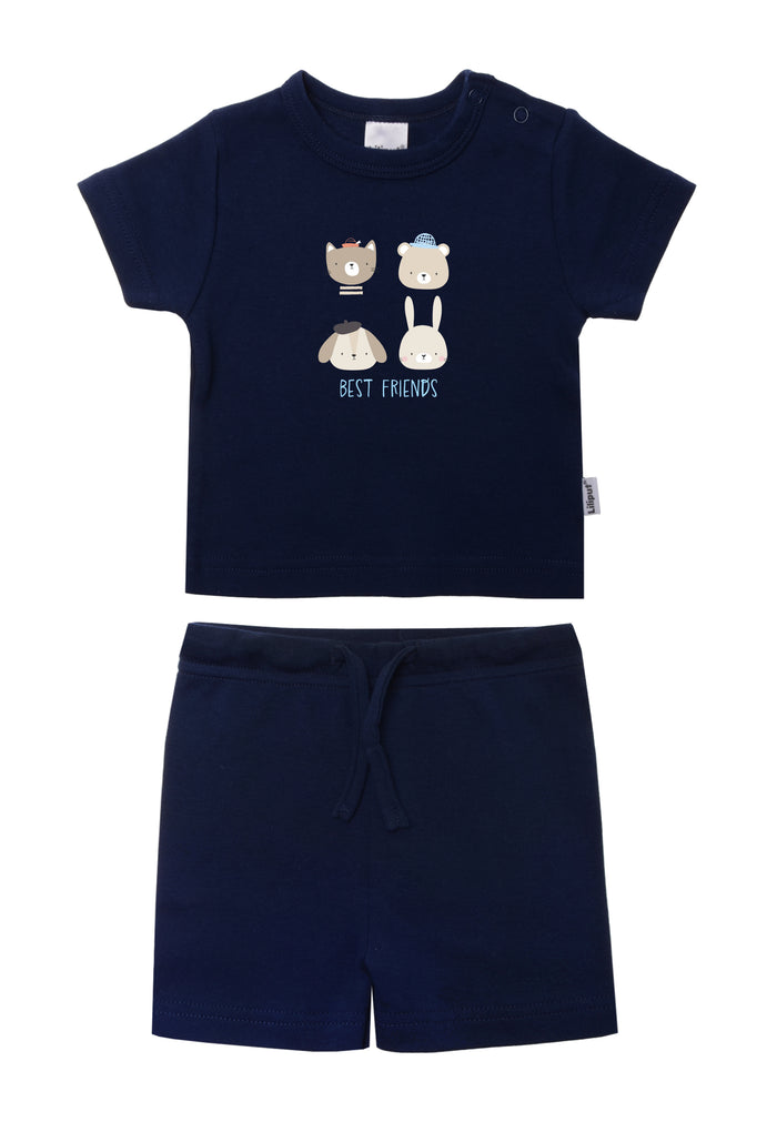 Set Shorts mit Bindeband in marine und T-Shirt in marine mit Druckknöpfen auf der Schulter für leichtes An- und Ausziehen und niedlichem Print bestehend aus Hase, Bär, Hund und Katze und dem Schriftzug Best Friend 
