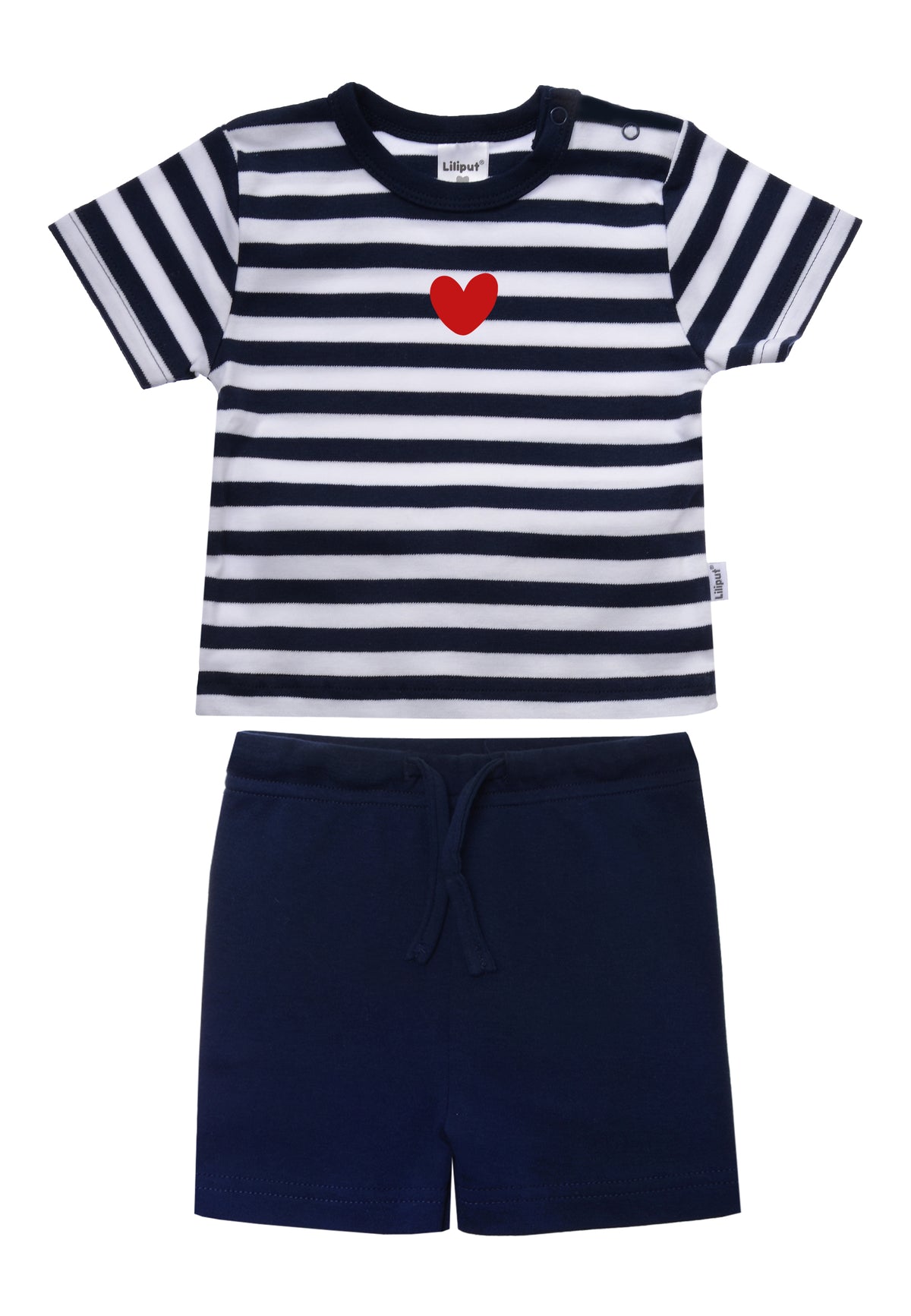 2-teiliges Sommerset mit Shirt in marine-weiß gestreift und rotem Herz als Print und einer passenden Shorts in marine.