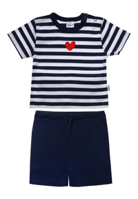 2-teiliges Sommerset mit Shirt in marine-weiß gestreift und rotem Herz als Print und einer passenden Shorts in marine.