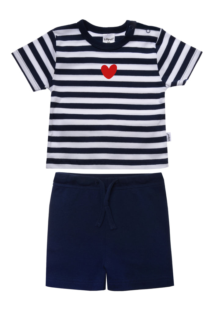 2-teiliges Sommerset mit Shirt in marine-weiß gestreift und rotem Herz als Print und einer passenden Shorts in marine.