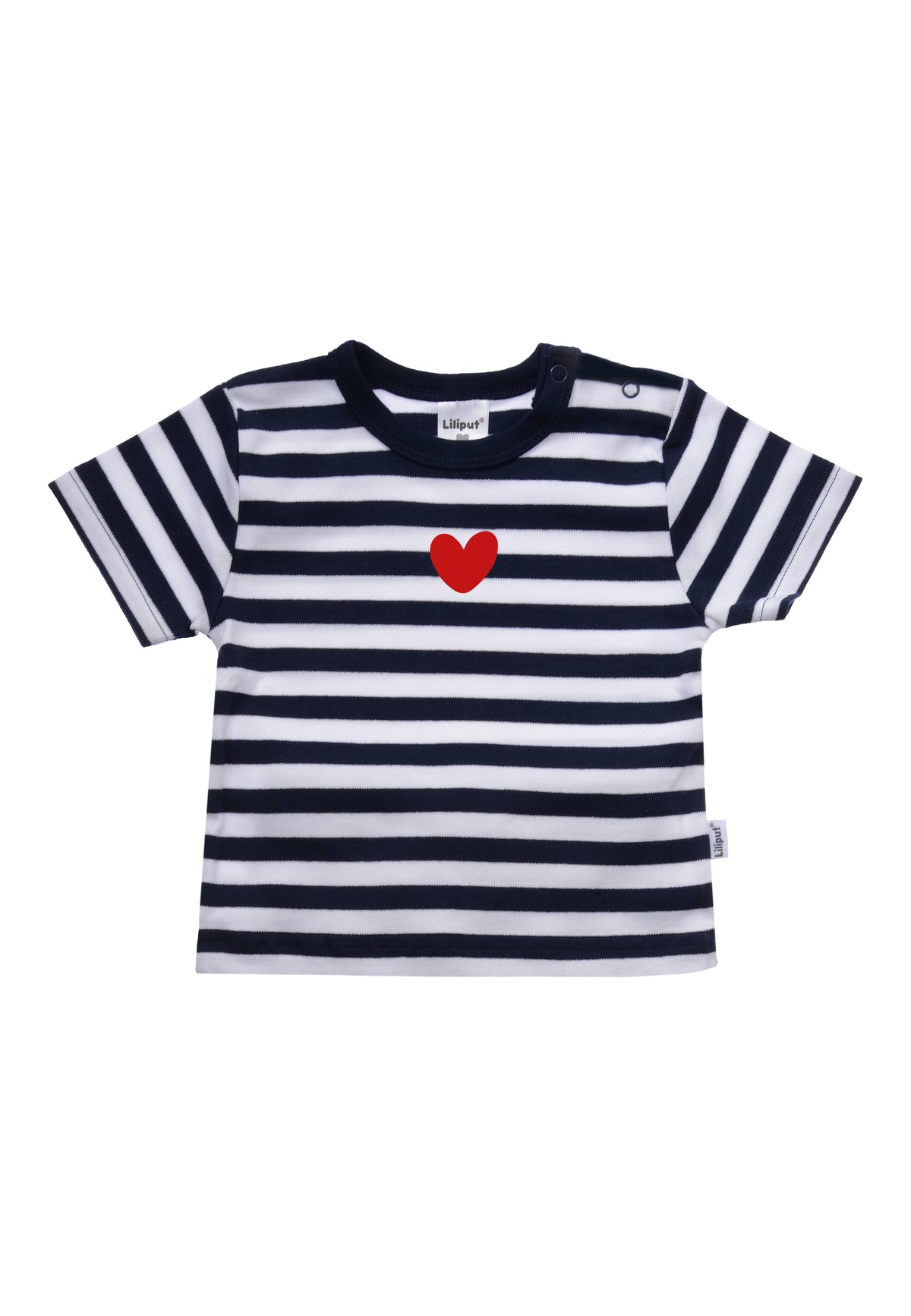 Vorderansicht des Shirts in marine-weiß gestreift mit rotem Herz Print in der Mitte.

