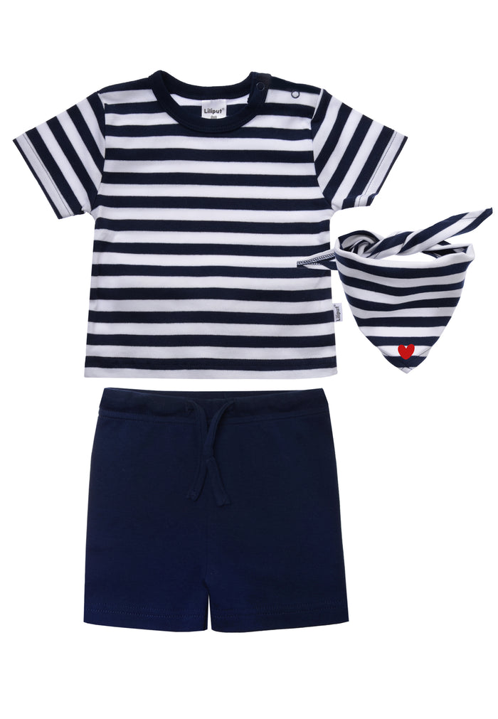 Sommer Set mit T-Shirt, Shorts und Halstuch in marine-weiß gestreift mit "Herz" Print