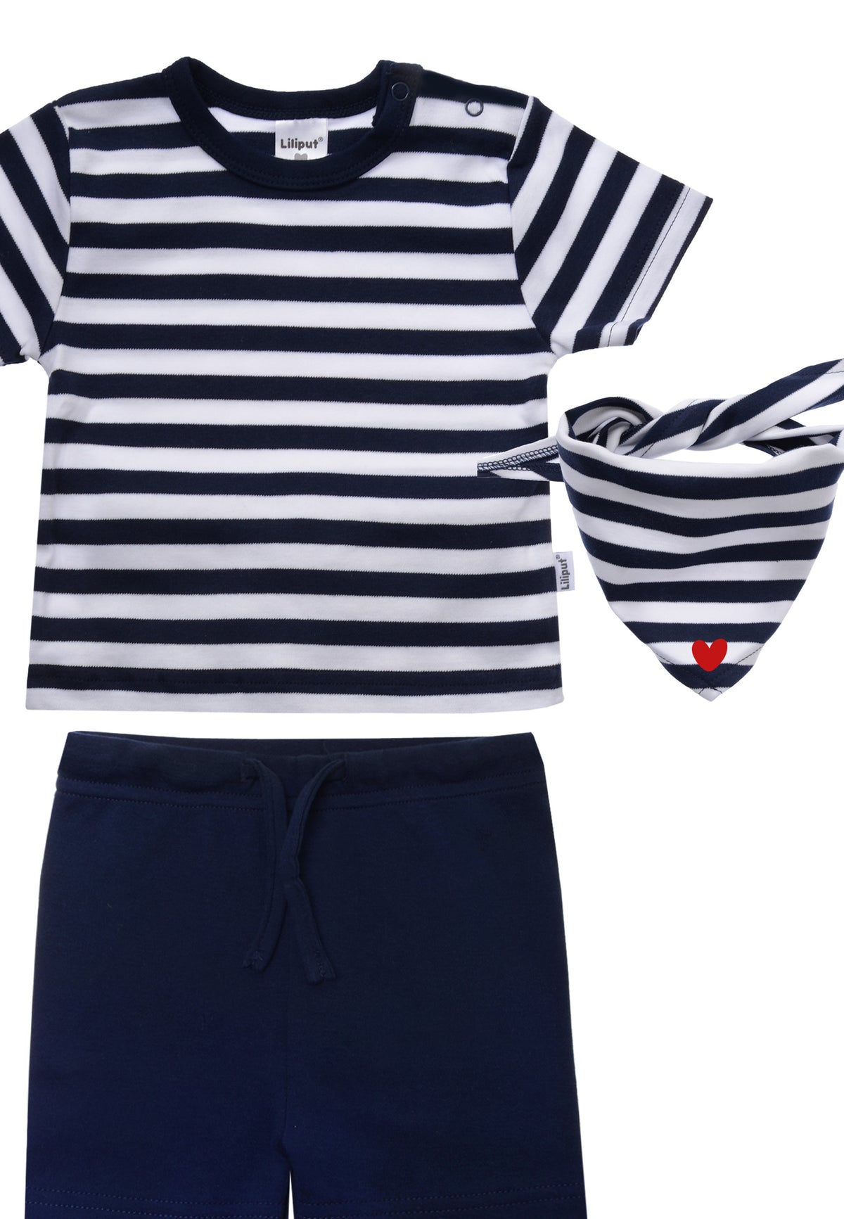 Sommer Set mit T-Shirt, Shorts und Halstuch in marine-weiß gestreift mit "Herz" Print