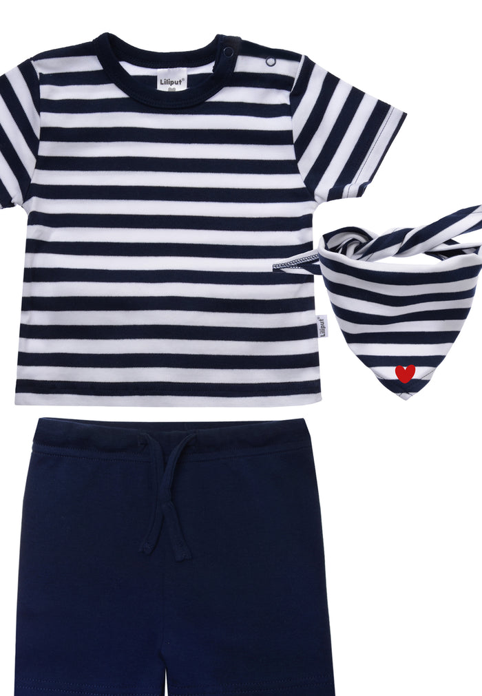 Sommer Set mit T-Shirt, Shorts und Halstuch in marine-weiß gestreift mit "Herz" Print