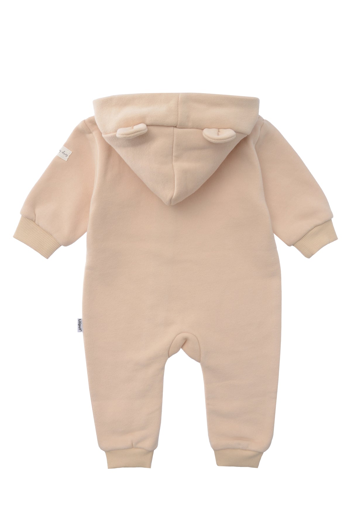 Rückansicht des beigen Overalls aus weichem Sweatoverall.