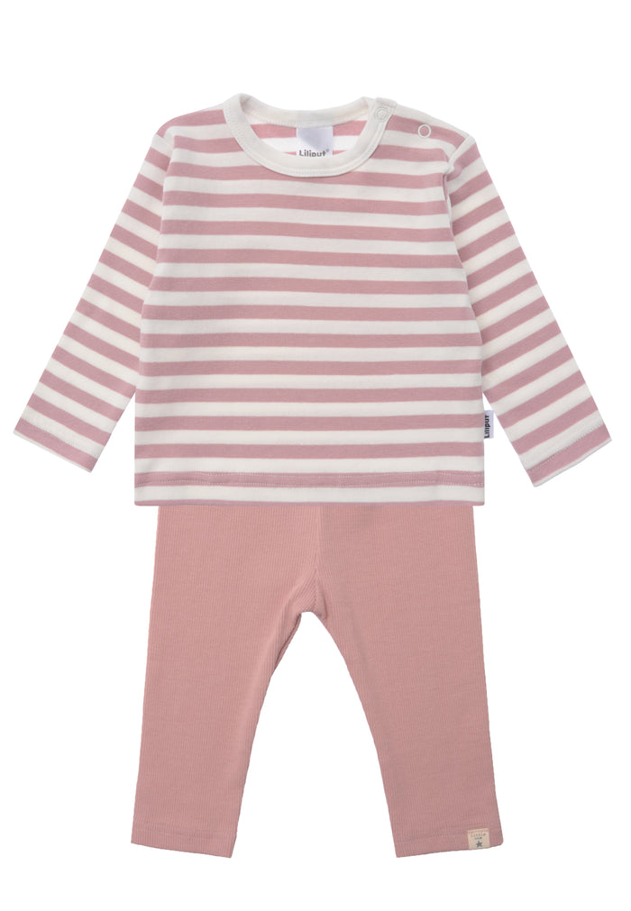 2 teiliges Set mit Langarmshirt in rosè-ecru gestreift und einer Leggings in passendem rosè Farbton.