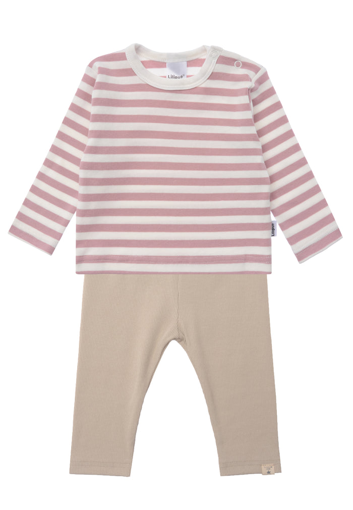 Kinder Kombi mit Langarmshirt in rosè- ecru geringelt und einer beigen Rippenleggings.